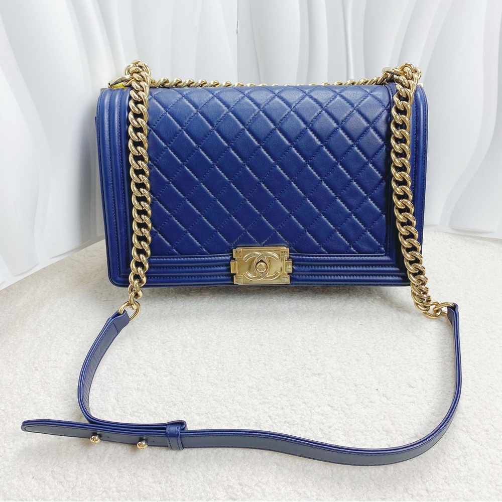 Chanel Le Boy Medium Blue Caviar with Champagne Gold Hardware
